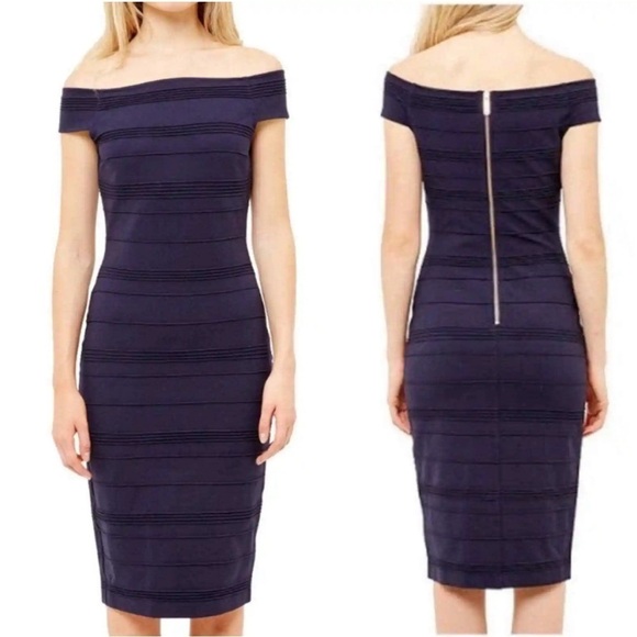 NWT Ted Baker Textured Stripe Off The Shoulder Body Con Dress Navy SZ 10 - Picture 3 of 9